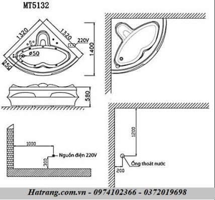 Bản vẽ Bồn tắm góc xây Massage CAESAR MT5132A