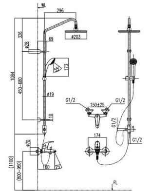 Bản vẽ kỹ thuật Sen cây tắm đứng Inax BFV-1305S-2
