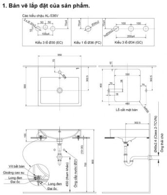 Bản kĩ thuật Chậu rửa mặt Inax AL-536V (EC/FC/GC)